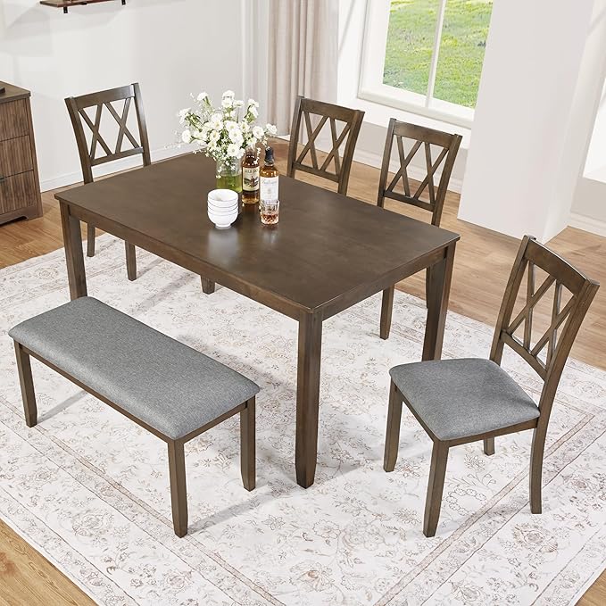 6-Piece Dining Table Set for 6 People, Wooden Rectangular Kitchen Table with 4 Upholstered Chairs and a Bench, Modern Dining Room Table Set for Kitchen and Dining, Walnut