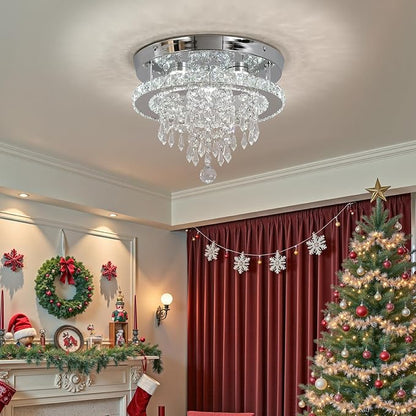 Deckrico Modern Crystal Chandelier 11.8" LED Ceiling Light Chrome Flush Mount Lighting Fixture for Bedroom, Hallway, Kitchen, Dining Room – Cool White