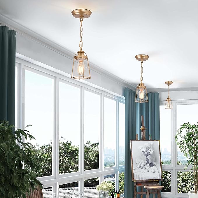 classy leaves Gold Pendant Lights, Modern Pendant Lighting Kitchen Island with Seeded Glass Shade, Hanging Light Fixtures for Foyer, Hallway, Entryway, Dark Gold Finish