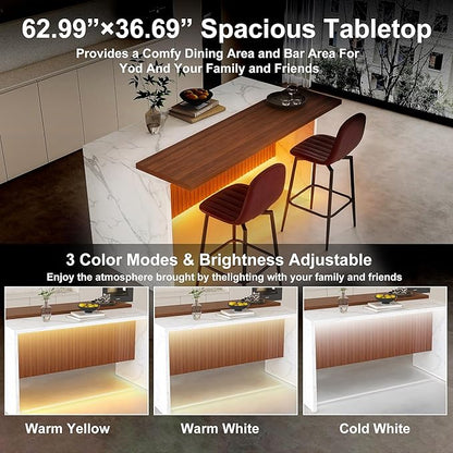 Runboll 63" Large Island Table Set with 2 Bar Stools, Modern Faux Marble Dining Table Set with Multi-Color LED Lights, Kitchen Island with Grille Design for Dining Room, Home, Office, Living Room