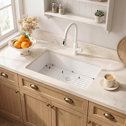 MILOSEN White Undermount Kitchen Sink, 31"x18" Granite Composite Single Bowl Kitchen Sinks, 9" Deep Large Undermount/Drop In Sink with Custom Accessories, White Quartz Kitchen Sinks for Modern Kitchen