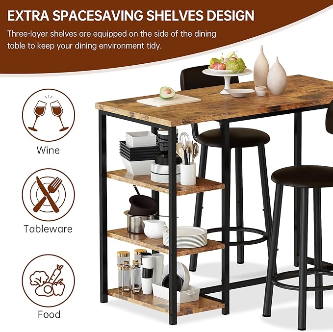 DKLGG Dining Table Set for 2, Counter Height Bar Table Set with Storage ＆ Stools, High Top Pub Table and Chairs for Kitchen, Dining Room, Sofa Side, Apartment, Breakfast Nook, Brown