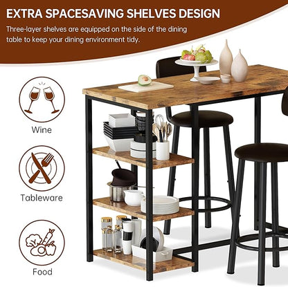 DKLGG Dining Table Set for 2, Counter Height Bar Table Set with Storage ＆ Stools, High Top Pub Table and Chairs for Kitchen, Dining Room, Sofa Side, Apartment, Breakfast Nook, Brown