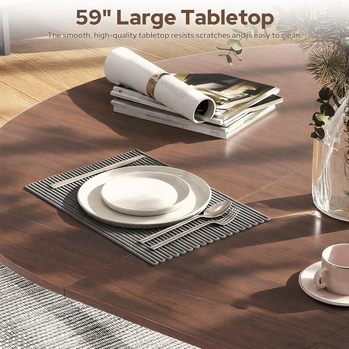 Zevemomo 43"-59" Extendable Dining Room Table for 4-6(Table only), Expandable Round Dining Table, Oval Tabletop with Cross-Shaped Base for Office, Living Room-Dark Brown