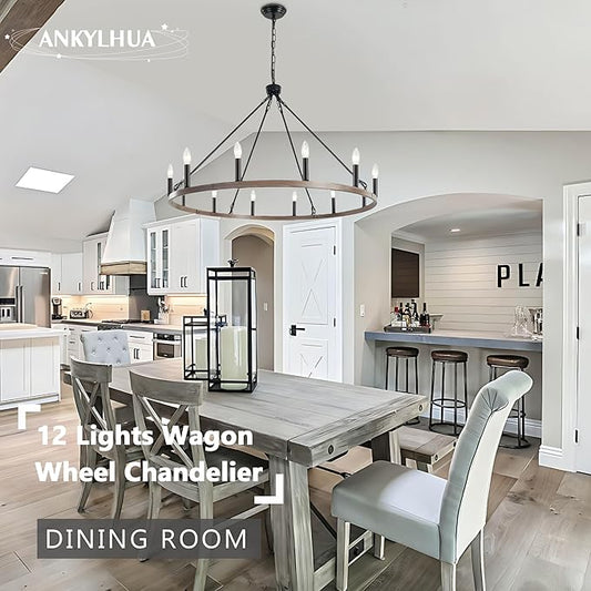 ANKYLHUA Wagon Wheel Chandelier-12 Light,38 Inch Chandeliers for Dining Room Light Fixture,Black and Metal Faux Wood Farmhouse Kitchen Light Fixtures for Living Room/Bedroom/Entryway