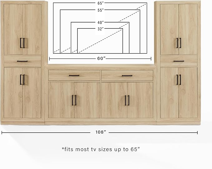 Crosley Furniture Isla 3-Piece Modern Sideboard Buffet Cabinet and Kitchen Storage Pantry Set, Ash