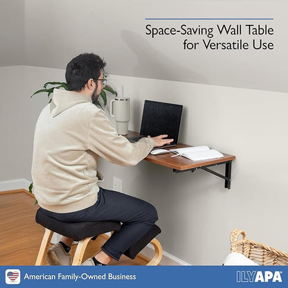Ilyapa Wall Mounted Folding Table - 16x40 Wood Floating Desk for Wall, Laundry Folding Table - 1.5 inch Fold Down Wall Desk for Small Spaces - Mahogany