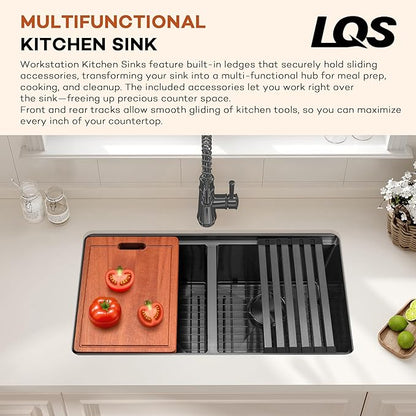LQS Black Undermount Kitchen Sink, 31 Inch Double Kitchen Sink Stainless Steel 16 Gauge, 10” Depth Workstation Kitchen Sink with Built-In Ledge for Convenient Kitchen and Cooking Life