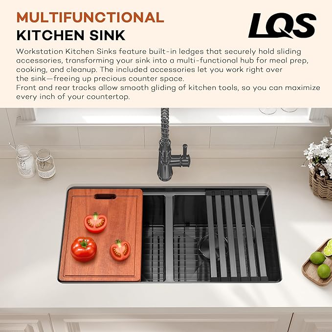 LQS Black Stainless Steel Kitchen Sink, 30 Inch Undermount Kitchen Sink, 50/50 Black Undermount Kitchen Sink with 10” Depth, X-Shaped Drain Line, Dual Mount Design and Round Corner