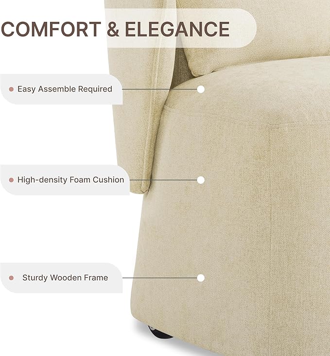 KISLOT Upholstered Dining Chairs with Wheels, Easy Assembly Stain Resistant Fabric Modern Barrel Armchair with Lumbar Cushion, Dining Room Chairs for Kitchen Living Room Bedroom, Sand, Set of 2