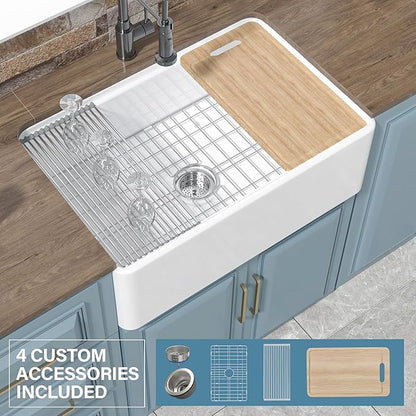 White Farmhouse Workstation Sink 30 x 20 Inch, Firecaly Apron Front Undermount Farm Kitchen Sink, Heavy Duty Deep Single Bowl, Reversible (Sleek & Fluted Optional), Pure White, for Kitchen