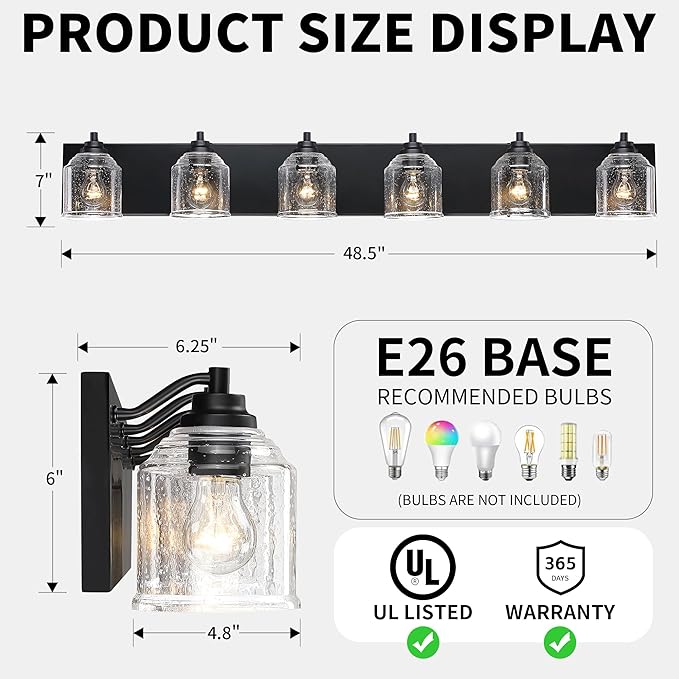 Vanity Lights for Bathroom Large 48 inch, Farmhouse Rustic Vanity Light with Bubble Glass Shades, Black 6 Light Bathroom Lighting Fixtures Over Mirror, Bath Wall Sconce Home Decor
