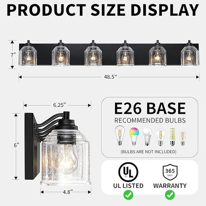 Vanity Lights for Bathroom Large 48 inch, Farmhouse Rustic Vanity Light with Bubble Glass Shades, Black 6 Light Bathroom Lighting Fixtures Over Mirror, Bath Wall Sconce Home Decor