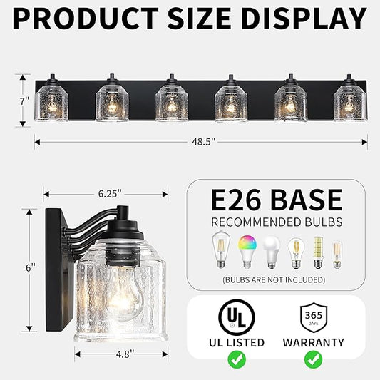 Vanity Lights for Bathroom Large 48 inch, Farmhouse Rustic Vanity Light with Bubble Glass Shades, Black 6 Light Bathroom Lighting Fixtures Over Mirror, Bath Wall Sconce Home Decor