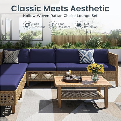 PHI VILLA Sectional Outdoor Couch, L-Shaped Wicker Patio Sofa Set, Small Rattan Patio Furniture Set with Acacia Wood Coffee Table for Deck Porch, 4 Seats, Navy Blue Cushion