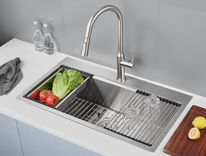 32-inch Workstation Sink Drop in, Single Faucet Hole Single Bowl Kitchen Sink 18 Gauge Stainless Steel Handmade Sink with Integrated Ledge,32"x18"x9"