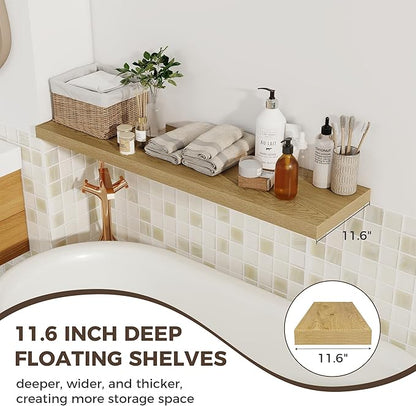 Fun Memories 12 Deep Floating Shelves for Wall, 48W x 12D Extra Large Floating Shelves Set of 2, Hanging Wood Wall Shelves for Living Room, Kitchen, Bedroom, Farmhouse, Laundry Room, Office - Oak