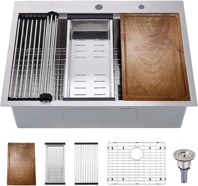 33x19 Drop In Kitchen Sink Workstation 16 Gauge Stainless Steel Single Bowl Kitchen Sink 33 Inch Topmount Over Counter Handmade 10 inch Deep Basin