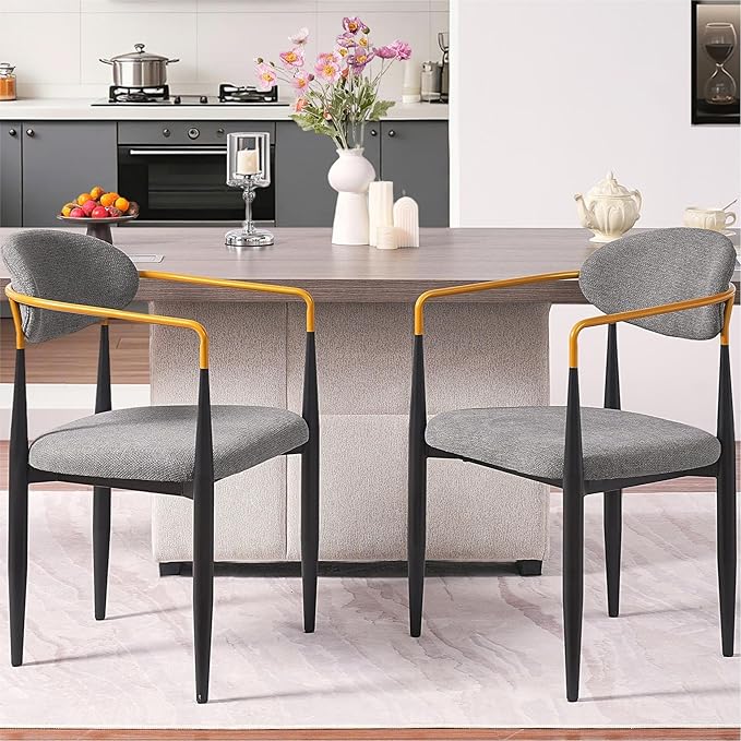 Modern Upholstered Accent Chair Set of 2 with Ergonomic Backrest,Gold Accented Armrests,Linen Fabric Seat,Black Metal Frame,Contemporary Seating for Dining Room,Kitchen Island (Grey,Dining Chair)
