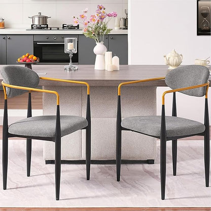 Modern Upholstered Accent Chair Set of 2 with Ergonomic Backrest,Gold Accented Armrests,Linen Fabric Seat,Black Metal Frame,Contemporary Seating for Dining Room,Kitchen Island (Grey,Dining Chair)
