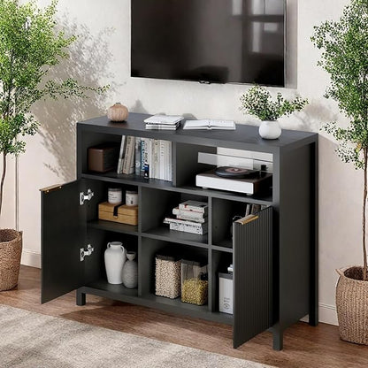 FONTOI Sideboard Buffet Cabinet, Thicken Wood Storage Cabinet with 4 Large Open Shelf, Farmhouse Cabinet with 2 Fluted Doors, Modern Accent Cabinet for Living Room, Kitchen, Entryway, Black