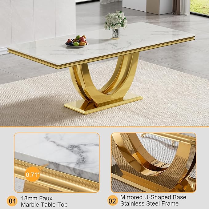 Modern Dining Table for 6-8, 68 Inch White Marble Kitchen Dining Room Table with Gold Mirrored U-Shape Base, Luxurious Rectangular Faux Marble Dinner Table for Dining Room,Living Room