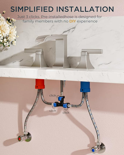 FORIOUS Brushed Nickel 3 hole bathroom faucet, 8" Widespread bathroom sink faucet Waterfall for 4"-16" Sinks, 2 Brass Handle for Vanity with Metal Drain Stopper and CUPC Pre-Installed Hose System