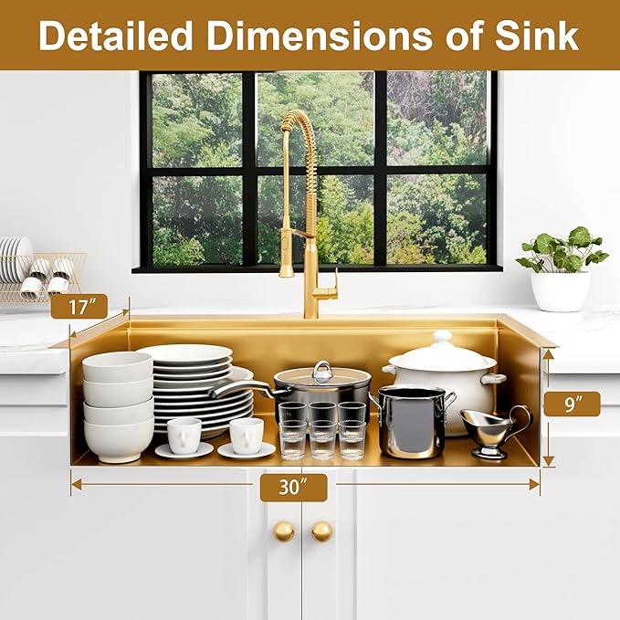 Gold Kitchen Sink, 33" x 22" Drop In Kitchen Sink,16 Gauge Stainless Steel All In One Workstation Sink with Ledge & Accessories, 33" x 22" x 10" Large and Deep Top Mount Kitchen Sinks