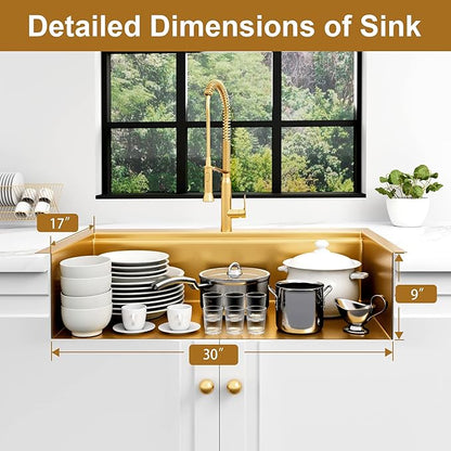 Gold Kitchen Sink, 33" x 22" Drop In Kitchen Sink,16 Gauge Stainless Steel All In One Workstation Sink with Ledge & Accessories, 33" x 22" x 10" Large and Deep Top Mount Kitchen Sinks