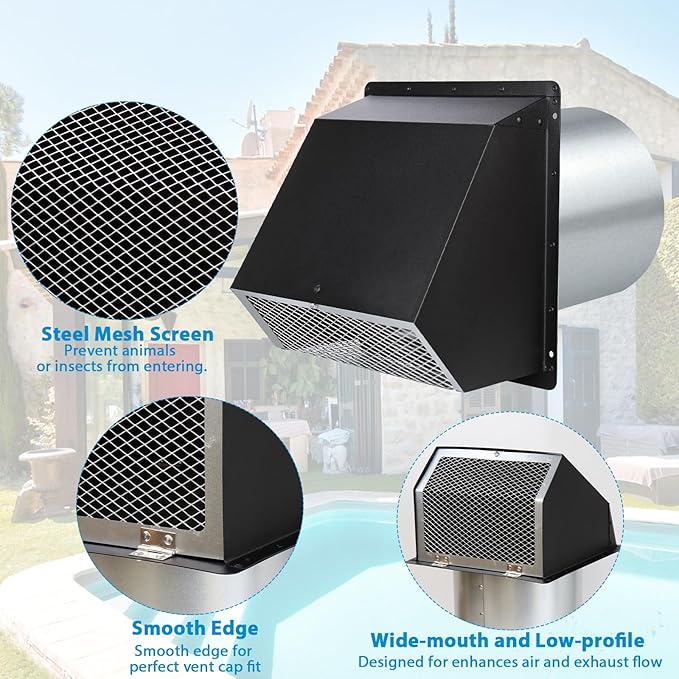 8 Inch Hooded Wall Vent with Screen and Damper,Exterior Wall Exhaust Vent Cover Cap, Wall Mount Exhaust Vent for Kitchen Range Hood HVAC Duct Dryer Ventilation and Outdoor Air Exhaust,Galvanized Steel