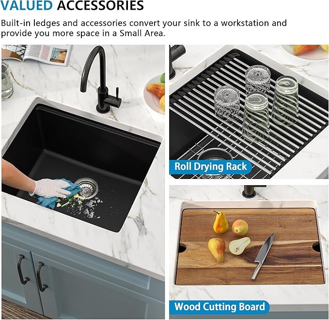 21"x18" Undermount Wet Bar Sink Workstation - Matte Black Granite Composite Quartz Classic Single Bowl Under Counter Small Kitchen Bar Prep RV Sink Basin