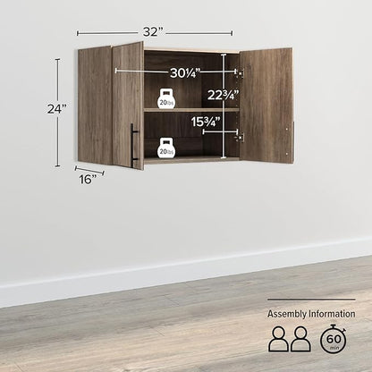 Prepac Elite Functional Wall Mount Shop Cabinet with Adjustable Shelf, Simplistic Stackable 2-Door Garage Cabinet 16" D x 32" W x 24" H, Drifted Gray, DEW-3224