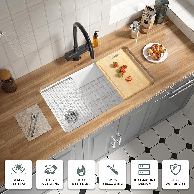 Offset Drain Fireclay Undermount Workstation Kitchen Sink 33 Inch, Large Topmount White Undermount Sink 33''x19''x10'' Drop In, Deep Single Bowl Heavy Duty, Dual Mount, for Kitchen, Island