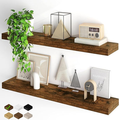 Fun Memories Floating Shelves for Wall, 40Inch Floating Shelves Set of 2, Hanging Shelf with Invisible Brackets, Wood Shelves for Living Room, Bedroom, Kitchen, Brown