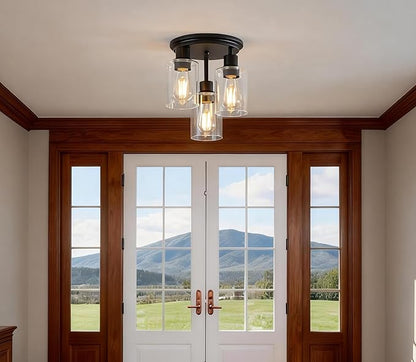 ROTTOGOON Semi Flush Mount Ceiling Light, Close to Ceiling Lights Fixtures, 3 Light Kitchen Ceiling Lights Fixtures with Glass Shades, Hallway Light Fixtures Ceiling Mount for Foyer, Black