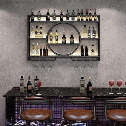 Metal Wine Rack Wall Mounted with LED Light, 3-Tier Bar Liquor Shelf with Wine Glass Holder, Modern Large Capacity Liquor Bottle Display Storage Shelf for Home Bar, Dining Room(Black, 120 * 80 * 15)