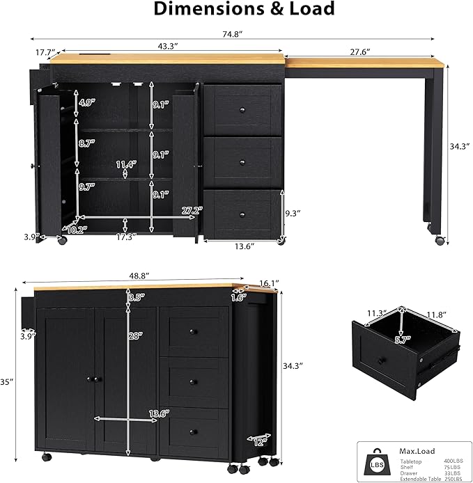 74.8" Kitchen Island with Extendable Table & Power Outlet, Mobile Cart with 3 Drawers, Spice Rack, 2-Door Cabinet on Wheels for Kitchen (74.8"+Black)