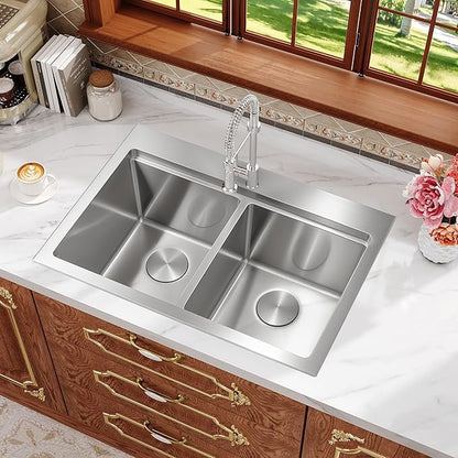 Rhbamoa Double Bowl Drop In Kitchen Sink 31 Inch,16-Gauge T304 Stainless Steel Topmount Kitchen Sink,50/50 Double Bowl Kitchen Sinks,10 Inch Deep Sinks with All Accessories, Brushed Finish