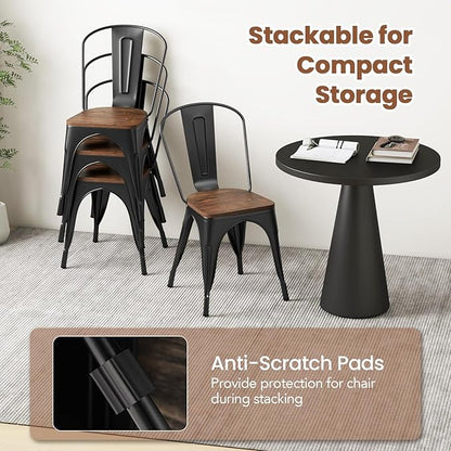 COSTWAY 18 Inch Dining Chair Set of 4, Industrial Vintage Stackable Metal Chairs, Counter Bar Chairs with High Backrest, Wood Seat, for Home, Kitchen and Cafe Bar Use