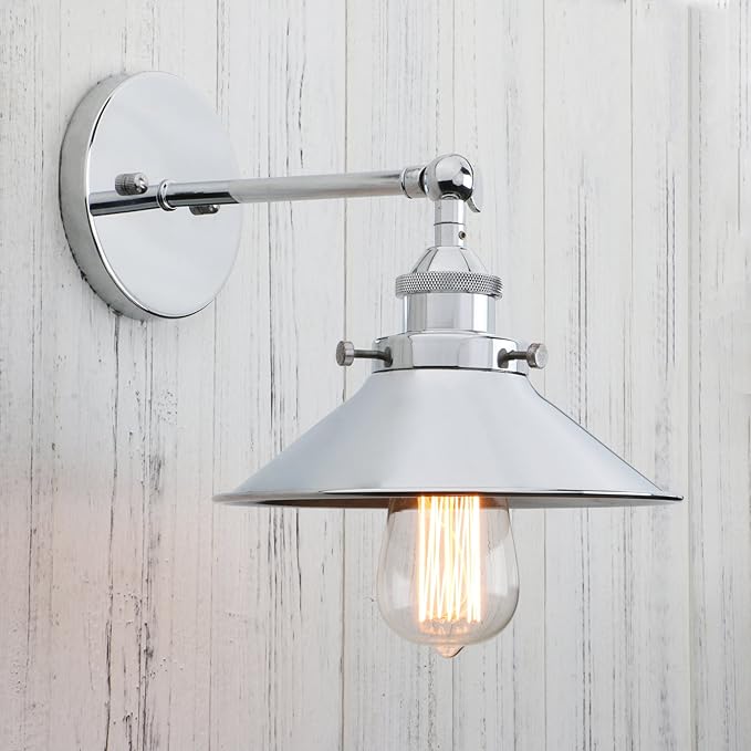 PERMO Vintage Industrial Metal Wall Sconce Lighting 180 Degree Adjustable Wall Lamp (Chrome)