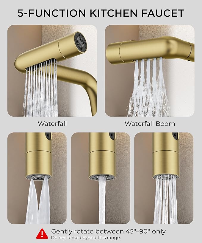 FORIOUS Gold Waterfall Kitchen Faucet with Pull Down Sprayer, 5 Spout Mode Stainless Steel Single Handle 360° Swivel Classic Kitchen Sink Faucet with Deck Plate for 1 or 3 Hole for Bar Rv