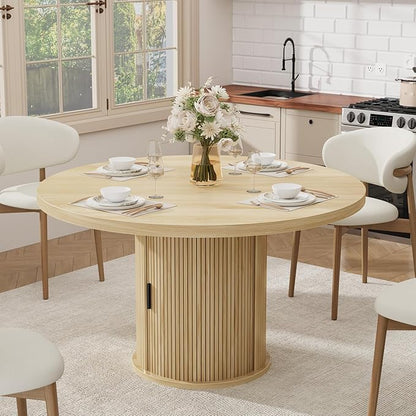 Garvee 47 Inch Round Dining Table for 4, Kitchen Table with 2-Layer Storage Shelf and a Drawer, Farmhouse Circle Dinner Table for Dining Room, Kitchen, Living Room (Table Only), Natural