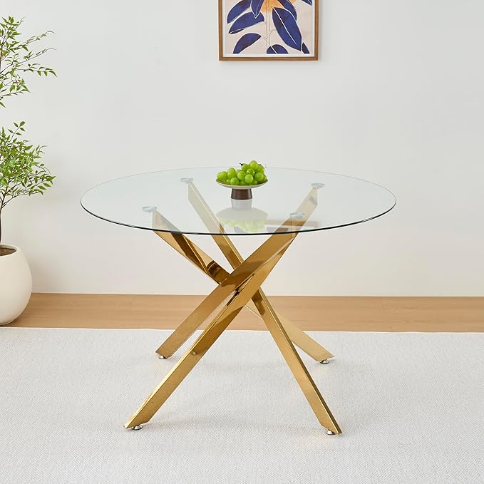 Round Glass Dining Table,Glass Dining Room Table with Metal Legs, Modern Round Kitchen Table for Home, Kitchen, Dining Room