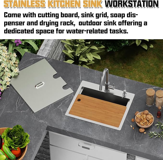 21x18 Inch Kitchen Sink With Dust Lid-Stainless Steel Drop In Single Bowl Built-in Ledge Topmount Workstation Sink Fully Covering Sink To Maintain Cleanliness Suit Outdoor&Indoor Kitchen