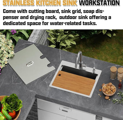 21x18 Inch Kitchen Sink With Dust Lid-Stainless Steel Drop In Single Bowl Built-in Ledge Topmount Workstation Sink Fully Covering Sink To Maintain Cleanliness Suit Outdoor&Indoor Kitchen
