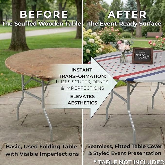 Kwik-Covers 10 Pack of Round Plastic Table Covers - 60" or 72" Round - Indoor or Outdoor Fitted Covers (Tables NOT Included) (Patriotic, 60" Round)