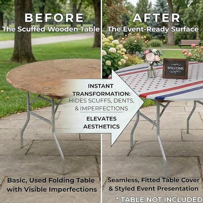 Kwik-Covers 10 Pack of Round Plastic Table Covers - 60" or 72" Round - Indoor or Outdoor Fitted Covers (Tables NOT Included) (Patriotic, 60" Round)