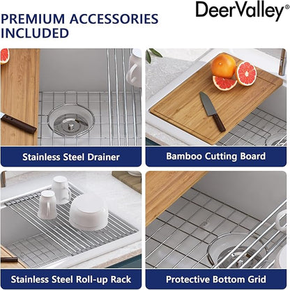 DeerValley 33 inch Workstation Kitchen Sink White Fireclay Undermount Farmhouse Sinks Single Bowl Deep Drop-in Modern Sink with Workstation Accessories