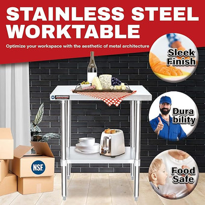DuraSteel 30x18 Small Stainless Steel Table - NSF Commercial Kitchen Island Food Prep Worktable - Metal Side Mixer Stand with Under Shelf - For Laundry Room, Kitchen, Outdoor Grill, Tiny Spaces