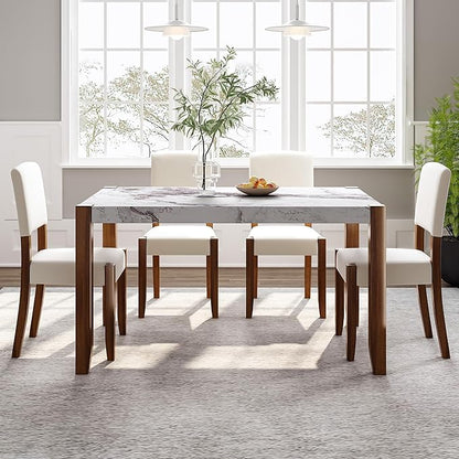 VilroCaz Modern 5-Piece Dining Table Set, 46" Faux Marble Style Table and 4 Upholstered Chairs with Solid Wood Legs, Kitchen Dining Room Set for 4, Space-Saving Dinette (Off White-5P)